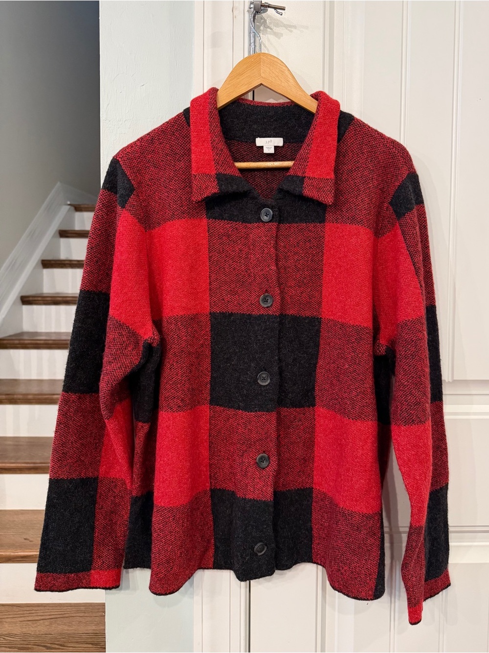 J Jill Buffalo Plaid Cardigan Sweater Large Red Black Wool Blend Button Front